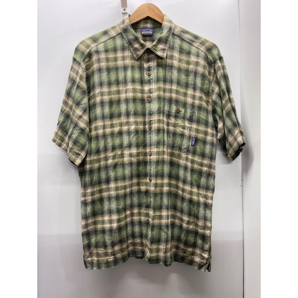 Patagonia Mens Green Plaid Organic Cotton Short Sleeve Button Down Shirt Large